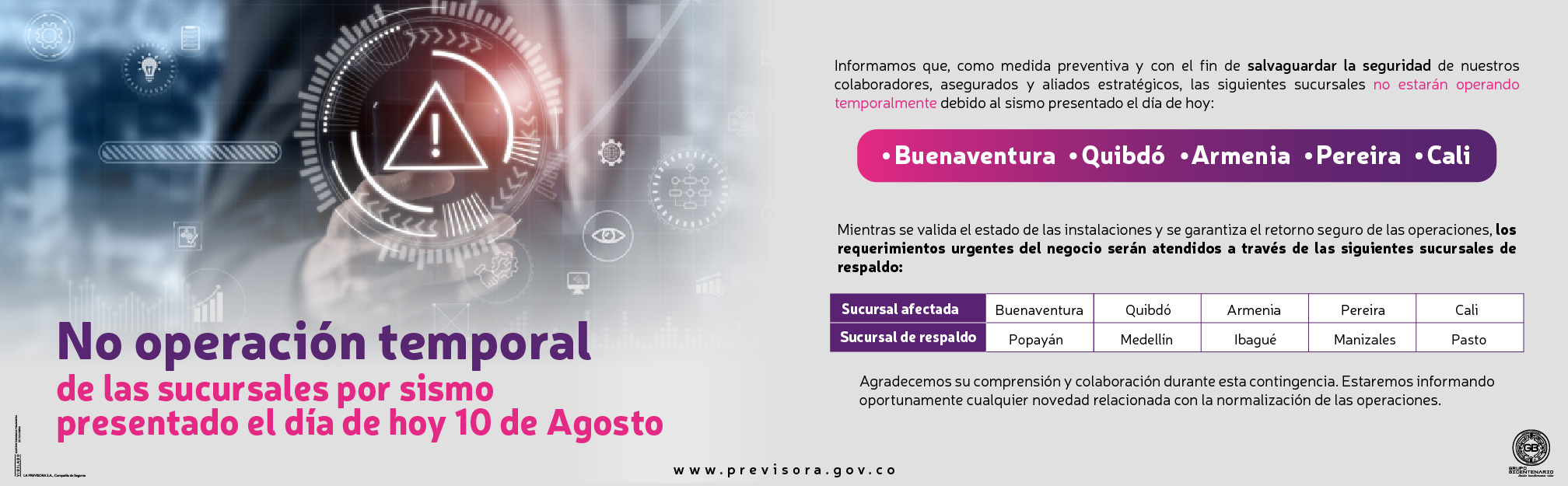 No operación temporal de las sucursales por sismo presentado el día 10 de agosto